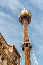 sydney tower from street level on a beautiful day.