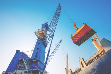 business logistics concept,truck in container depot in import and export area at port,container cargo freight ship for logistic import export 