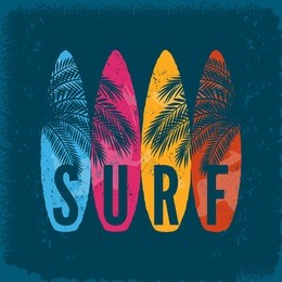 surf boards,palm leaves on grunge background. typography, t-shirt print, poster, banner, flyer, postcard
