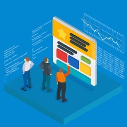 banner in a flat 3d isometric style. optimization of websites. people and the website page. infographics and program code. people web site development. web site analytics service. raster image