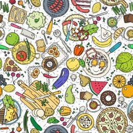 cartoon cute hand drawn food seamless pattern. 