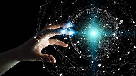 businesswoman on blurred background using flying earth network interface 3d rendering