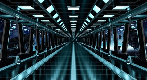 spaceship black corridor with view on space and distant planets system 3d rendering elements of this image furnished by nasa