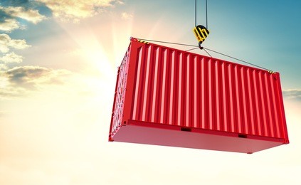crane hook and red cargo container on sky background. 3d illustration