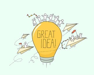 sketch of working little creative people. doodle cute miniature scene about great idea. hand drawn cartoon vector illustration for business design and infographic.