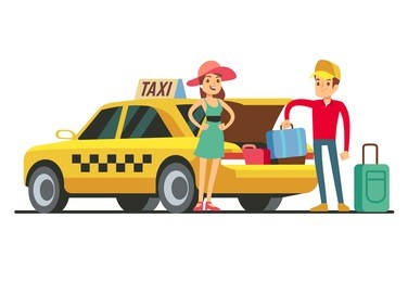 taxi with open trunk. happy client and smiling driver. young happy girl with taxi cab on white background. taxi driver take baggage from car boot. vector illustration.