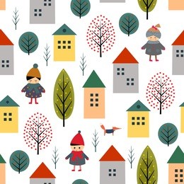 cute houses, children, fox and trees seamless pattern on white background. scandinavian style illustration with boy and girl. landscape with kids and buildings. design for textile, wallpaper, fabric.