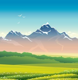 vector summer landscape with green grass, meadow and mountains. nature illustration.