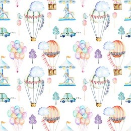 seamless pattern on weekend theme; watercolor air balloons, aerostats, carousel and cars, hand drawn isolated on a white background