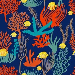 a vector seamless pattern; underwater plants; repeated fish, corals, algae and seeweed; deep blue ocean background