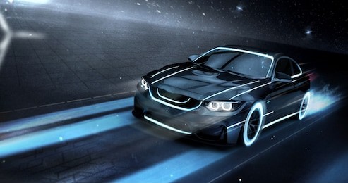 high speed black sports car - futuristic concept (with grunge overlay) - 3d illustration