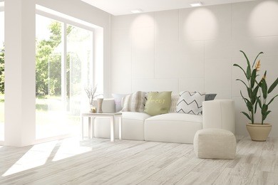 white room with sofa and green landscape in window. scandinavian interior design. 3d illustration