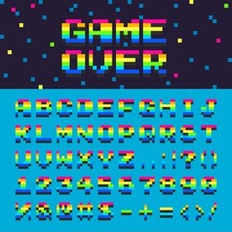 vector 3d alphabet space rainbow oldschool font numbers digital graphic game over text illustration