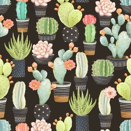 seamless pattern of cacti in pots on dark background, vector illustration in vintage style.
