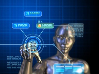 female android using a futuristic interface. digital illustration.