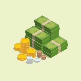 pile of cash. a lot of money. green banknote and coins.