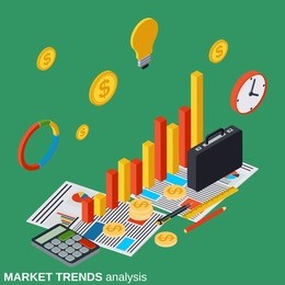 financial statistics, business report, modern infographic, trends analysis flat isometric vector concept illustration