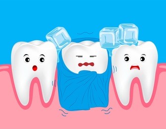 sensitive teeth. cute cartoon tooth character with blanket and ice.  dental care concept.  illustration on blue background. great for poster. banner design.