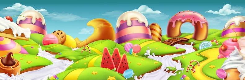 sweet candy landscape panorama. 3d vector background