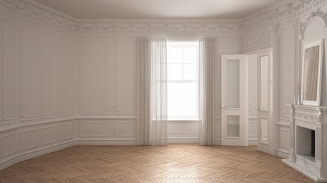 classic empty room with big window, fireplace and herringbone wooden parquet floor, vintage white interior design, 3d illustration