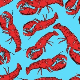 seamless background with a pattern of hand drawn red cooked boiled lobster in a shell