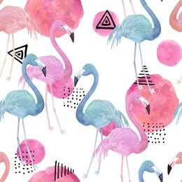 abstract print with watercolor flamingo and random elements. seamless pattern in retro style. hand drawn  illustration