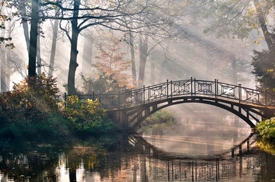 old bridge in autumn misty park - hdr