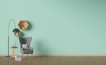 living room designed,green wall,interior decoration,shelf hexagonal,3d rendering