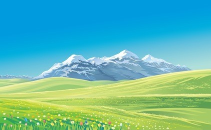 mountain landscape with alpine meadows, vector illustration.