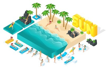 isometric cartoon vector people, 3d girl in bathing suits, large set of elements for creating her beach with beautiful sea waves bright summer vector illustration.