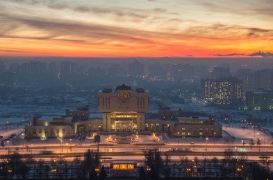 aerial view to fundamental library of lomonosov moscow state university at winter evening. moscow, russia. 