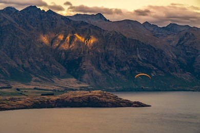landscape of the remarkables and lake wakaitipu from viewpoint at queenstown skyline, new zealand