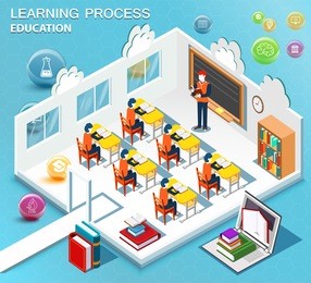 pupils study in the classroom. concept of learning. isometric flat design. vector illustration.