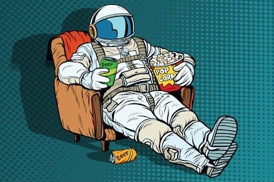astronaut the audience with beer and popcorn sitting in a chair. loneliness in space. pop art retro vector illustration
