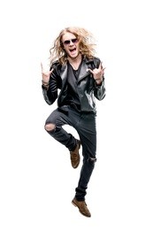 portrait of handsome rocker in black leather jacket and sunglasses showing rock signs isolated on white, rock star concept