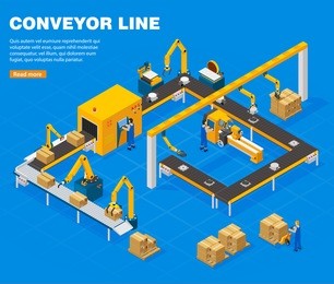 conveyor line isometric concept with technology symbols on blue background vector illustration