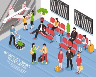 airport departure waiting area lounge isometric poster with flight crew passengers and black display boards vector illustration 
