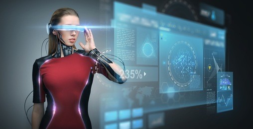 augmented reality, technology, business, future and people concept - woman in virtual glasses and microchip implant or sensors looking at screen projections over dark background