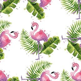 vector pink flamingo with exotic tropical leaves. seamless pattern.