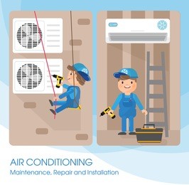a vector flat picture specialists work with equipment. installation or repair of air conditioner