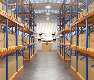 front view of drone carrying cargo in modern warehouse. 3d rendering image.