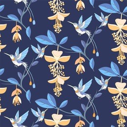 blue tropical or jungle background. flowers and hummingbird seamless pattern.