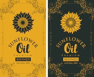 set of two vector labels for refined sunflower oil with sunflower and the inscription on black and yellow background in curly frame