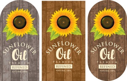 set of three vector labels for refined sunflower oil with sunflower and the inscription on wooden background