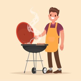 man is cooking a barbecue grill. fry meat and sausages on fire. vector illustration in flat style
