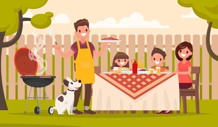 happy family at a picnic is preparing a barbecue grill outdoors. vector illustration in a flat style