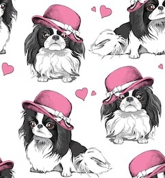 seamless pattern with a japanese chin dog in a pink ladies hat. vector illustration.