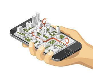 city isometric plan with road and buildings on smart phone. phone in hand. map on mobile application. 3d vector illustration. 