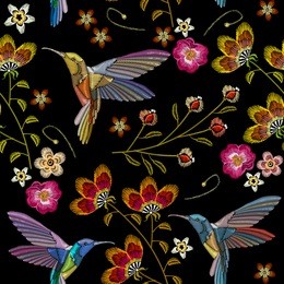 humming bird and tropical flowers embroidery seamless pattern. beautiful hummingbirds and exotic flowers embroidery on black background. template for clothes, textiles, t-shirt design