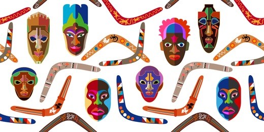 wide panoramic seamless vector border with australian boomerangs and african masks inspired by aboriginal art. ethnic textile collection. on white.